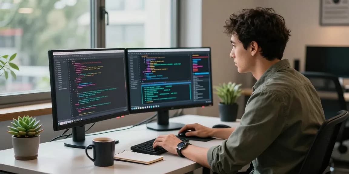 Developer coding at a desk with dual monitors, showcasing the WPS Official Website environment.