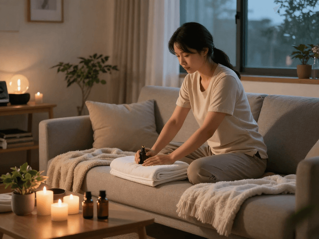 Serene atmosphere for 사당출장안마 services, featuring a cozy home massage setup with soft lighting and essential oils.