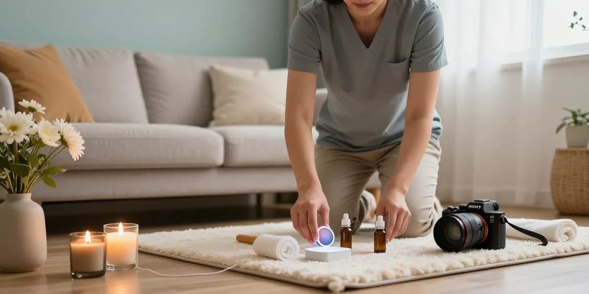 A professional providing 서울출장안마 in a calming home environment, showcasing a cozy living space with massage oils and soothing decor.