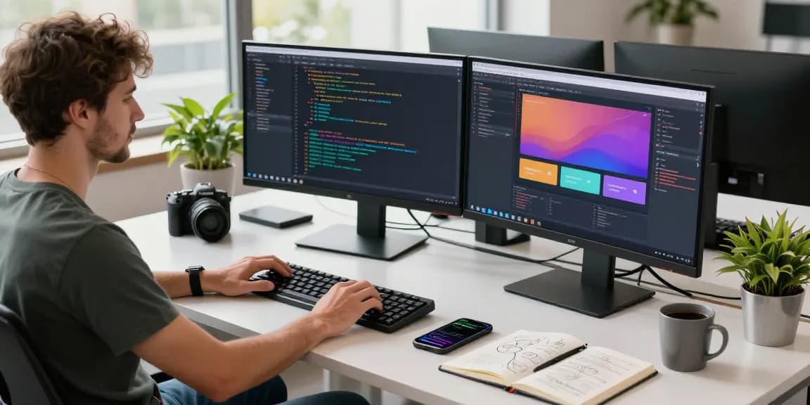 siren.clickn.co.kr/ 멀티 모니터에서 코딩하는 소프트웨어 개발자의 현대적인 사무실 공간 이미지
