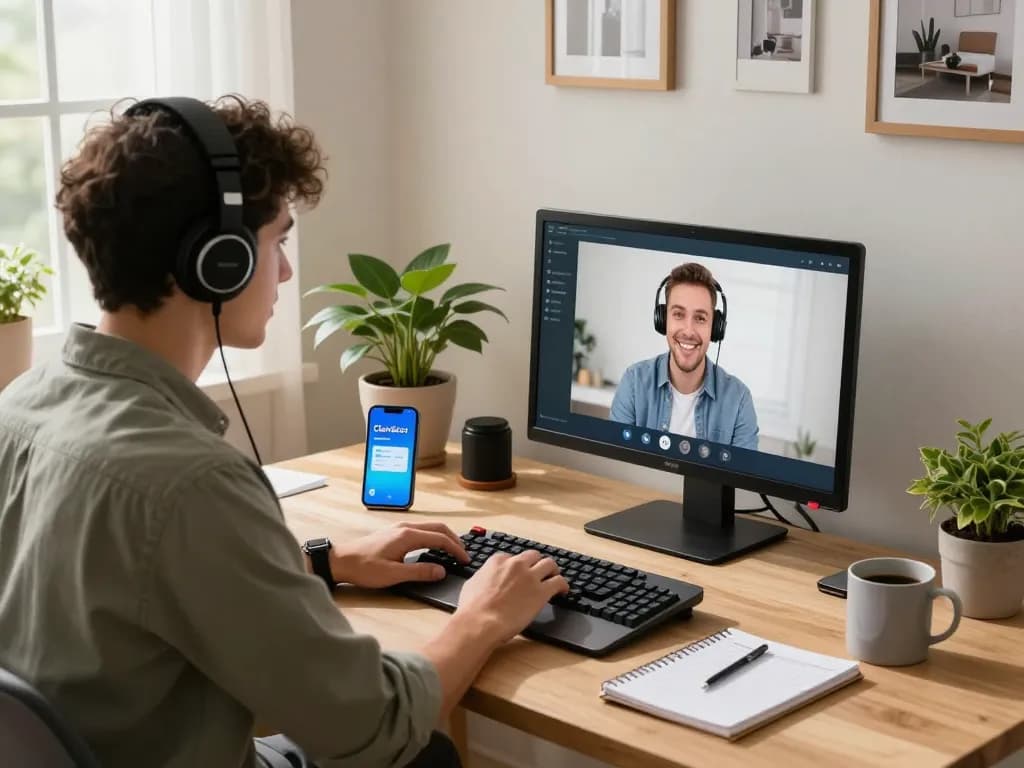 Person using Clawdbot AI during a video call in a modern home office.