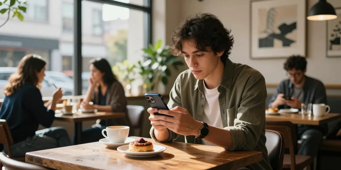 Individual exploring an 오피사이트 on a smartphone in a trendy café setting, conveying modern lifestyle.