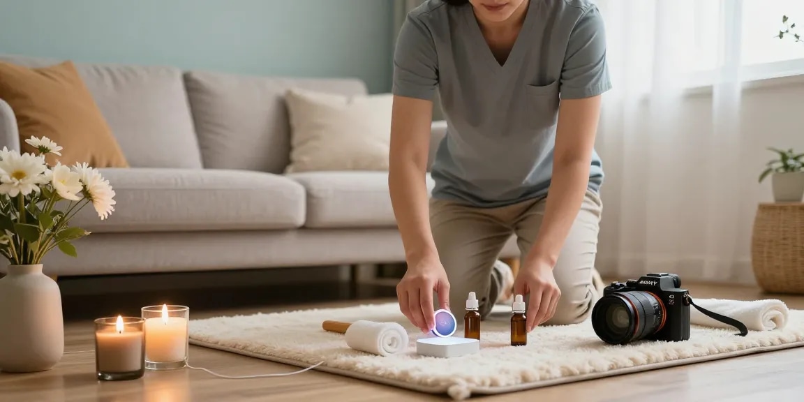 A professional providing 서울출장안마 in a calming home environment, showcasing a cozy living space with massage oils and soothing decor.