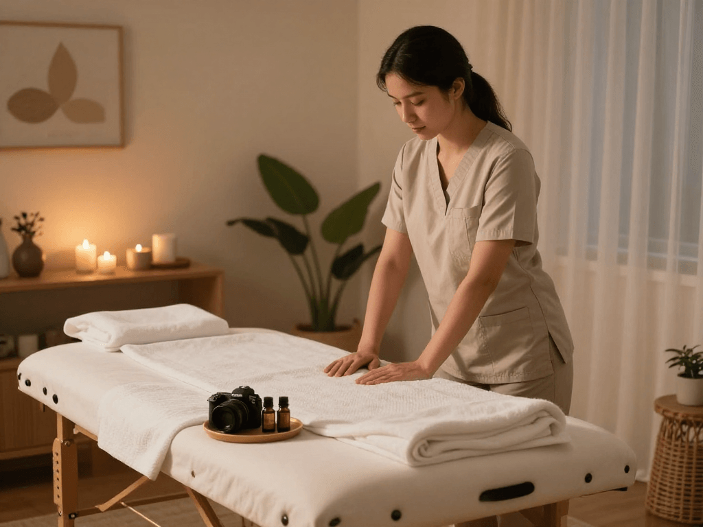 출장안마 session setup in a calming home environment with massage therapist and essentials.