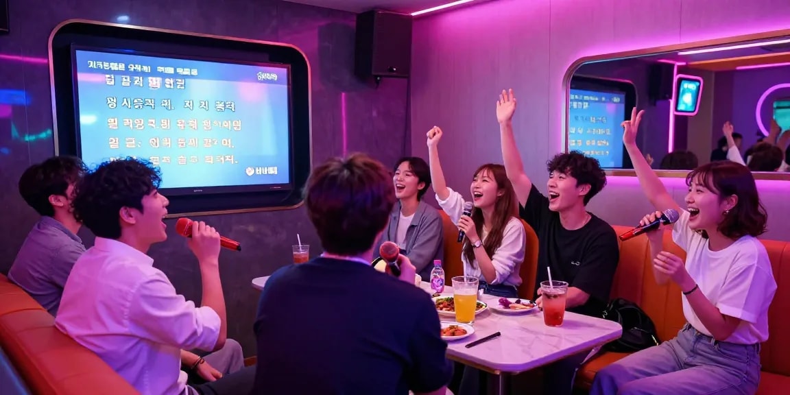 제주유흥을 즐기는 친구들과 함께하는 가라오케의 활기찬 밤 풍경