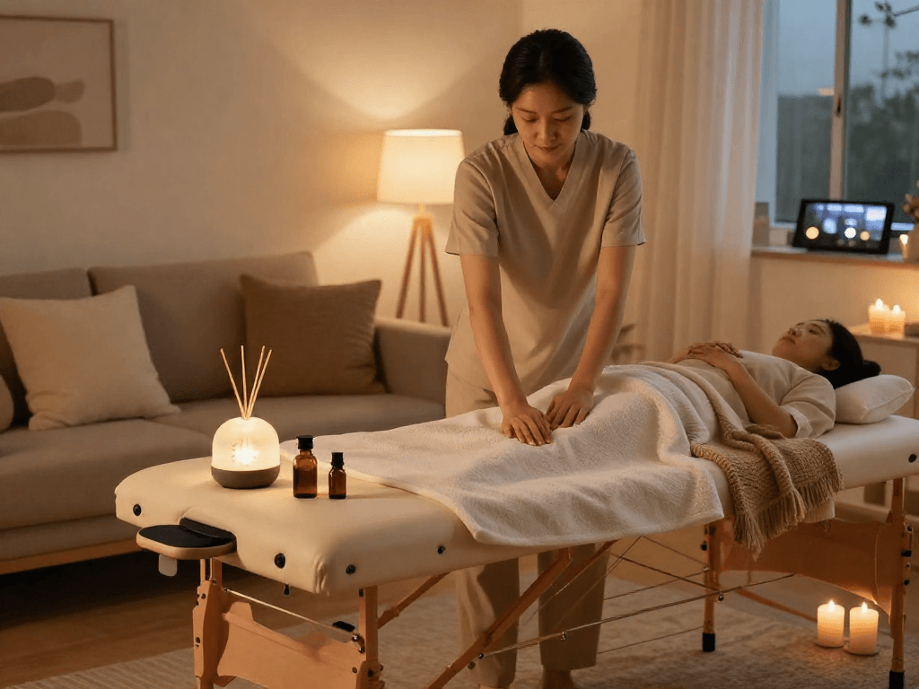 Home massage setup for 용인출장안마 with cozy ambiance and therapist preparing.
