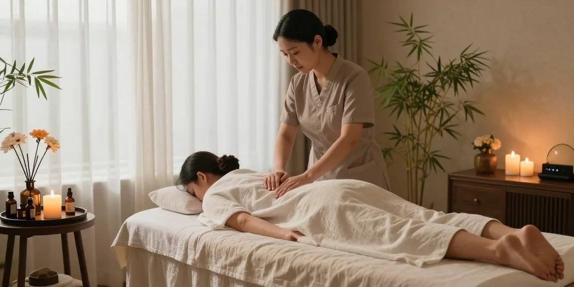 Relaxing 송파출장안마 experience in a tranquil massage room with soft lighting.