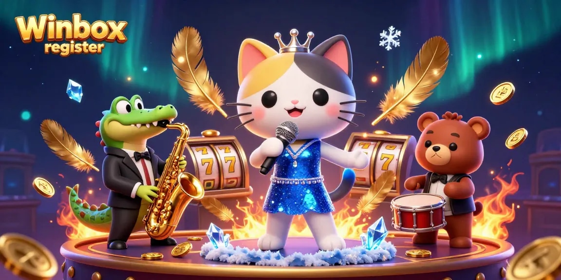 Winbox register and spin the reels with a vibrant casino-themed digital illustration featuring jazz singer cat and friends.