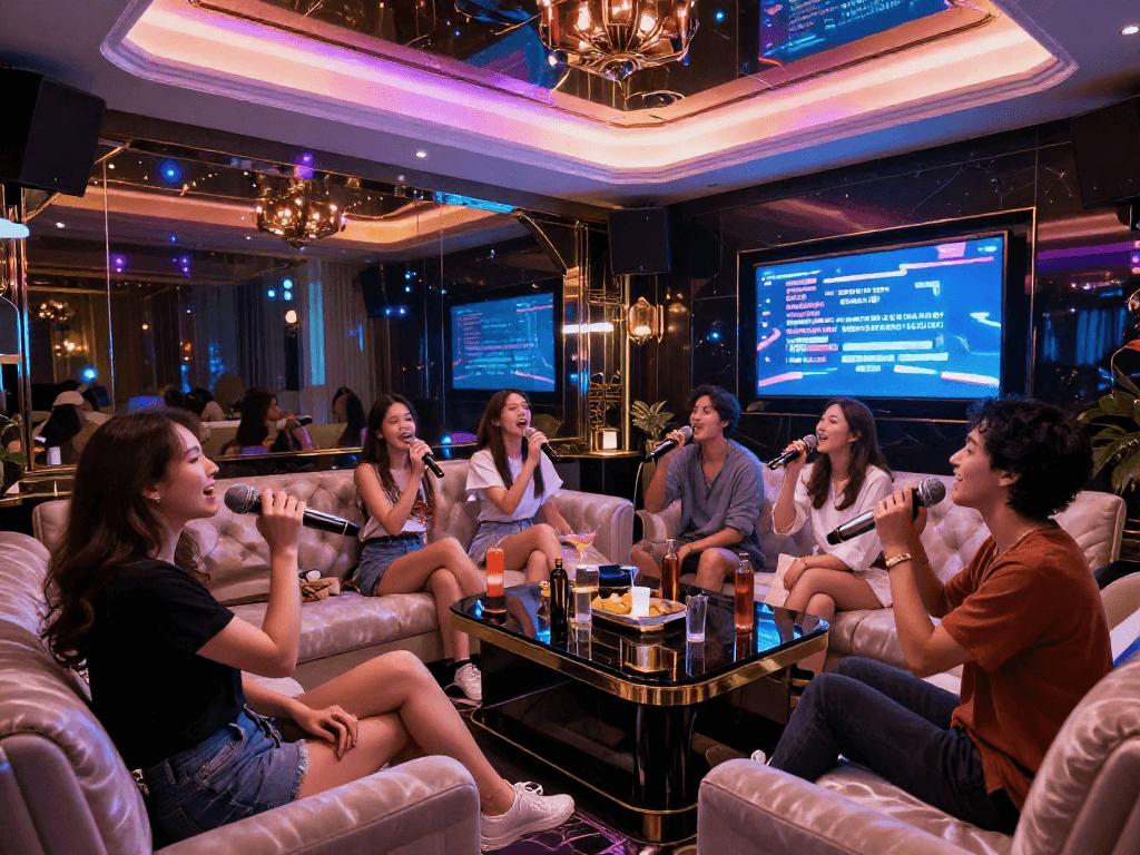 강남 가라오케 최신 시설에서 즐거운 시간을 보내는 모습, gangnam-karaoke.kr와 함께한 친구들의 특별한 밤.