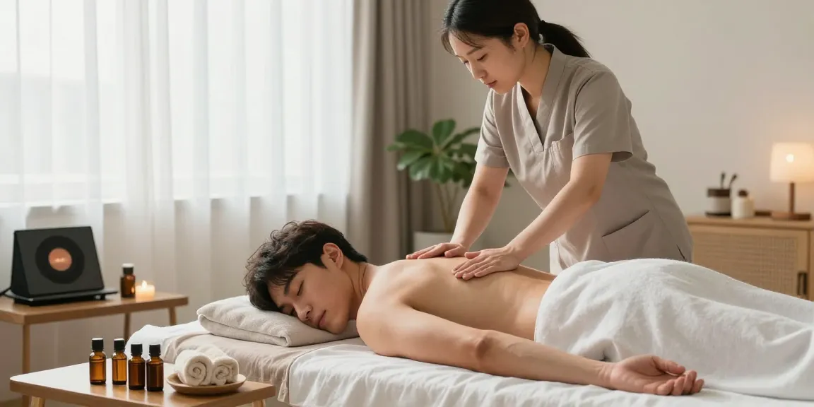 파주출장마사지 받는 남성과 편안한 분위기의 마사지 관리사 모습