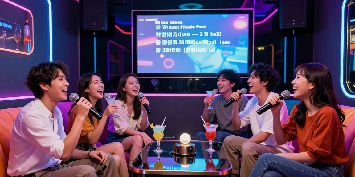강남가라오케에서 친구들과 함께 노래를 부르는 즐거운 모습과 화려한 인테리어