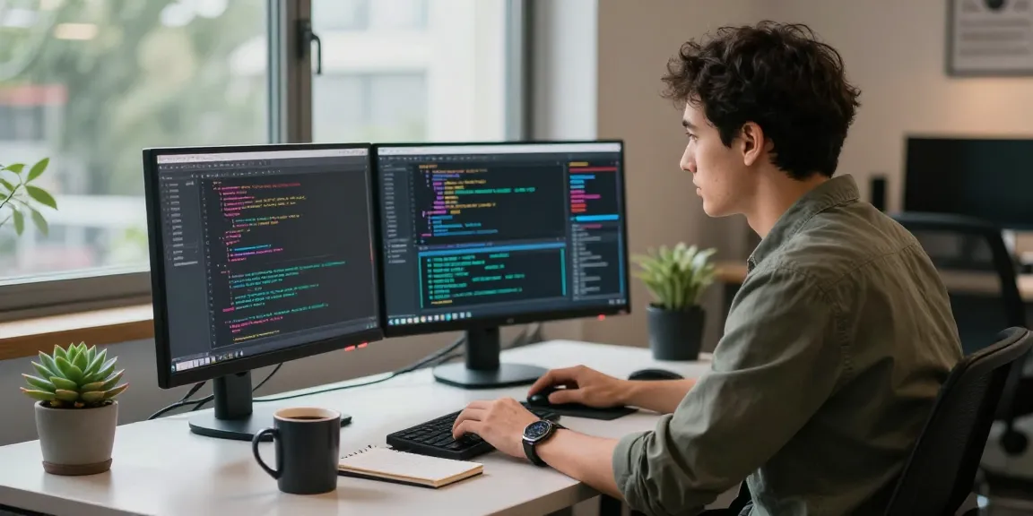 Developer coding at a desk with dual monitors, showcasing the WPS Official Website environment.