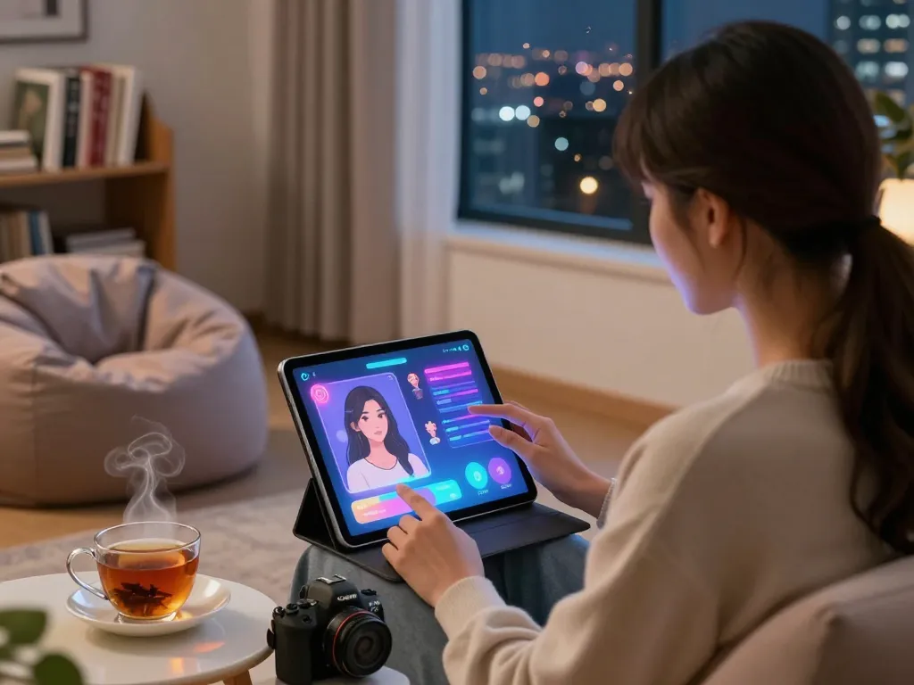 Engaging virtual interaction with a girlfriend AI displayed on a tablet in a cozy setting.