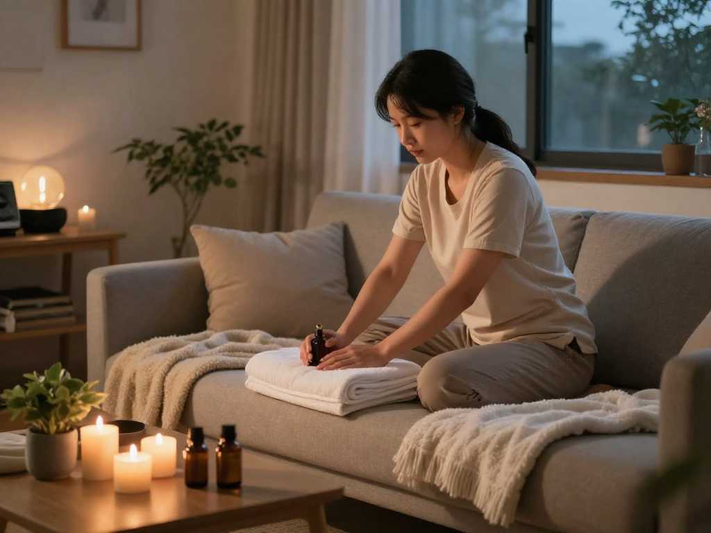 Serene atmosphere for 사당출장안마 services, featuring a cozy home massage setup with soft lighting and essential oils.