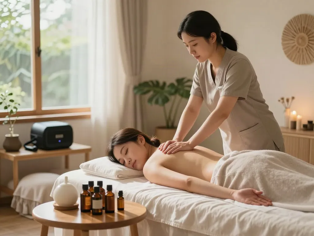 Experience rejuvenation with 마포출장마사지 in a serene therapy room featuring calming decor and essential oils.