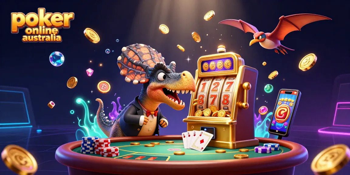 Experience thrilling poker online Australia action with a dynamic scene featuring a dinosaur and a jackpot!