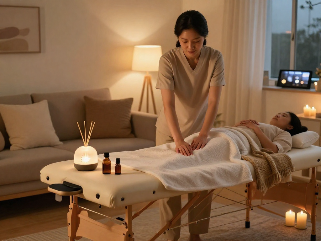 Home massage setup for 용인출장안마 with cozy ambiance and therapist preparing.