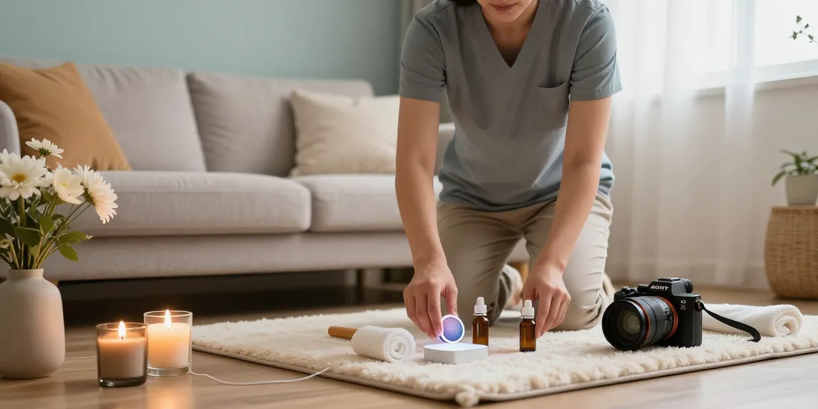A professional providing 서울출장안마 in a calming home environment, showcasing a cozy living space with massage oils and soothing decor.