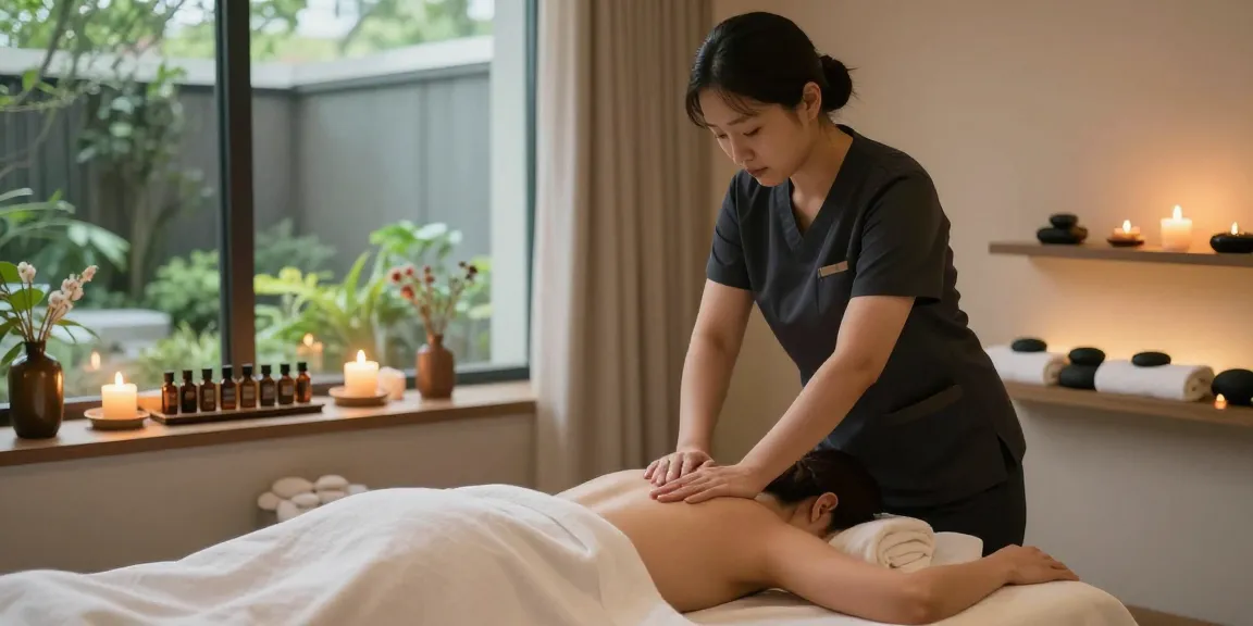 성남출장안마를 위한 편안한 스파 환경, 마사지 치료사가 고객에게 부드러운 마사지를 제공하는 모습