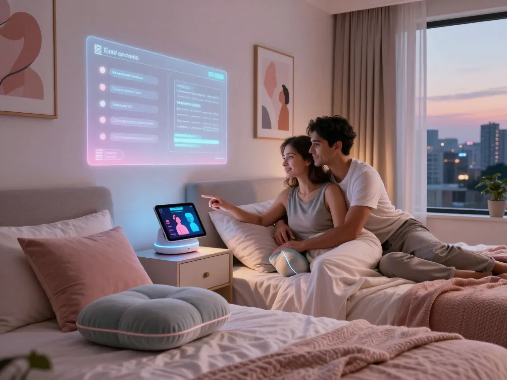 Couple using AI sex technology in a cozy, modern bedroom to enhance intimacy