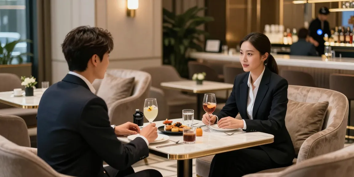 강남블랜딩 고급 라운지에서 매니저와 소통하는 모습, 우아한 분위기가 돋보입니다.