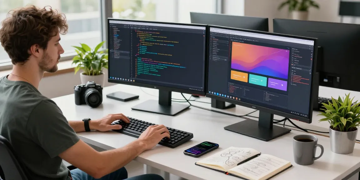 siren.clickn.co.kr/ 멀티 모니터에서 코딩하는 소프트웨어 개발자의 현대적인 사무실 공간 이미지