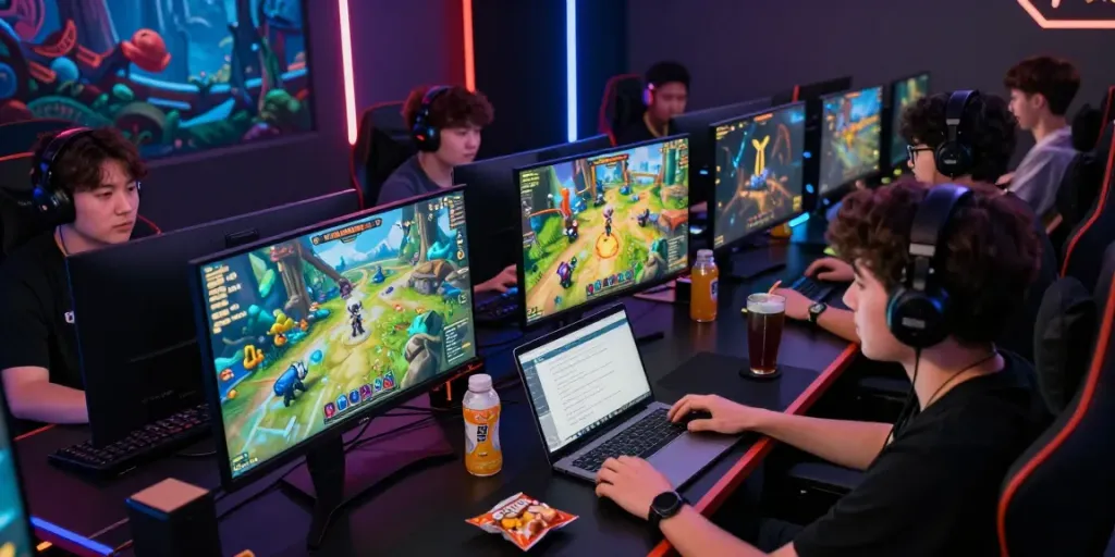 Engaged players using ROKOK88 alternatif for strategic leveling and quest exploration in a vibrant gaming setup
