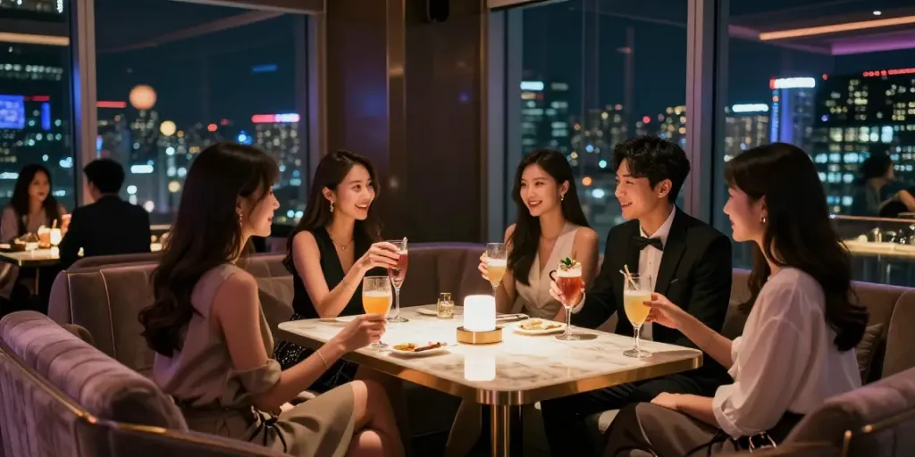 강남달토에서 친구들과 즐거운 시간을 보내는 모습, 고급스러운 조명과 현대적인 인테리어가 돋보입니다.