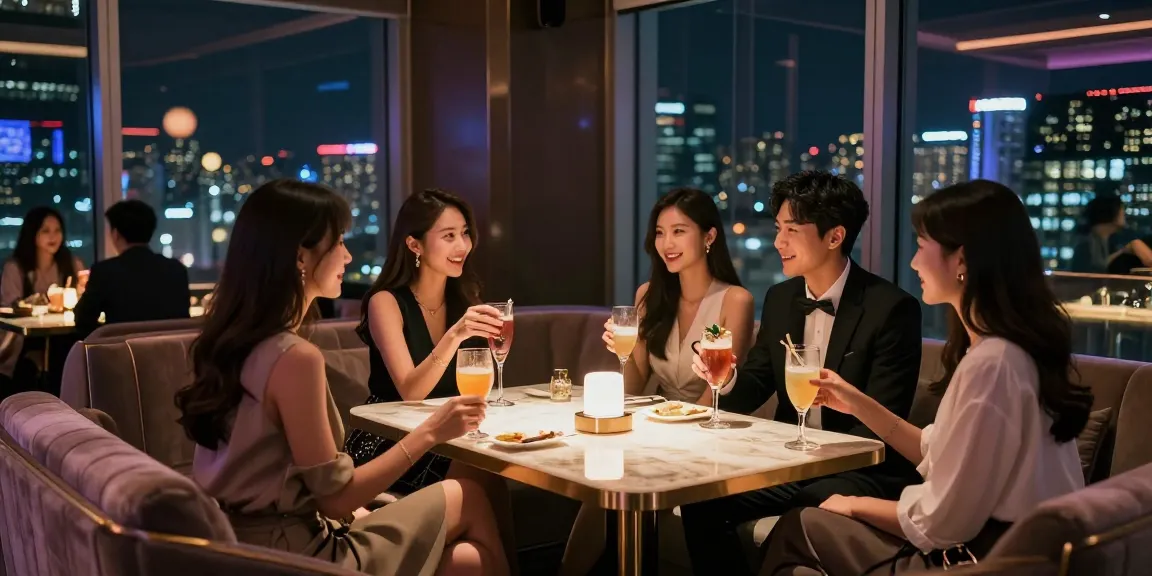 강남달토에서 친구들과 즐거운 시간을 보내는 모습, 고급스러운 조명과 현대적인 인테리어가 돋보입니다.
