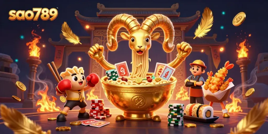 Sao789 features a dynamic casino scene with colorful characters engaging in games, showcasing excitement and strategy elements.