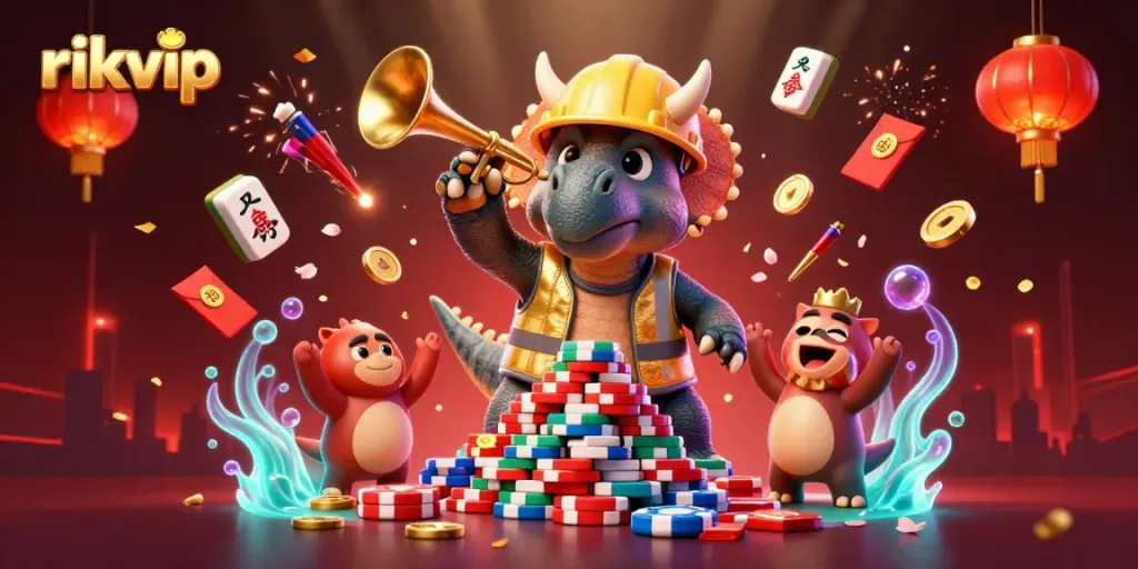 Celebrate wins at rikvip with vibrant 3D casino-themed characters and elements in a dynamic scene.