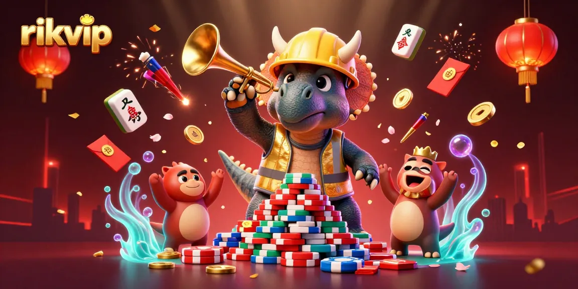 Celebrate wins at rikvip with vibrant 3D casino-themed characters and elements in a dynamic scene.