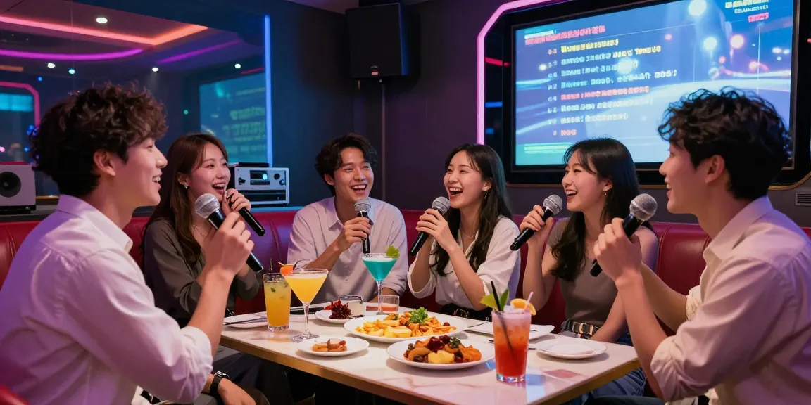 강남가라오케의 화려한 룸에서 친구들과 함께 즐거운 시간을 보내는 모습