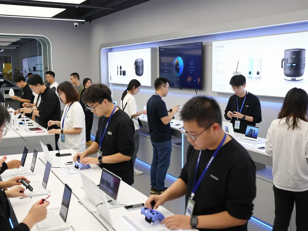 Shopper exploring latest tech gadgets 2075 in a vibrant electronics store, testing Bluetooth devices.