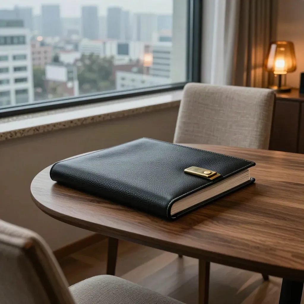 비 온 뒤 서울 아파트 서재, 닫힌 자산 점검 바인더와 뒤로 뺀 의자, 멀리 보이는 스카이라인