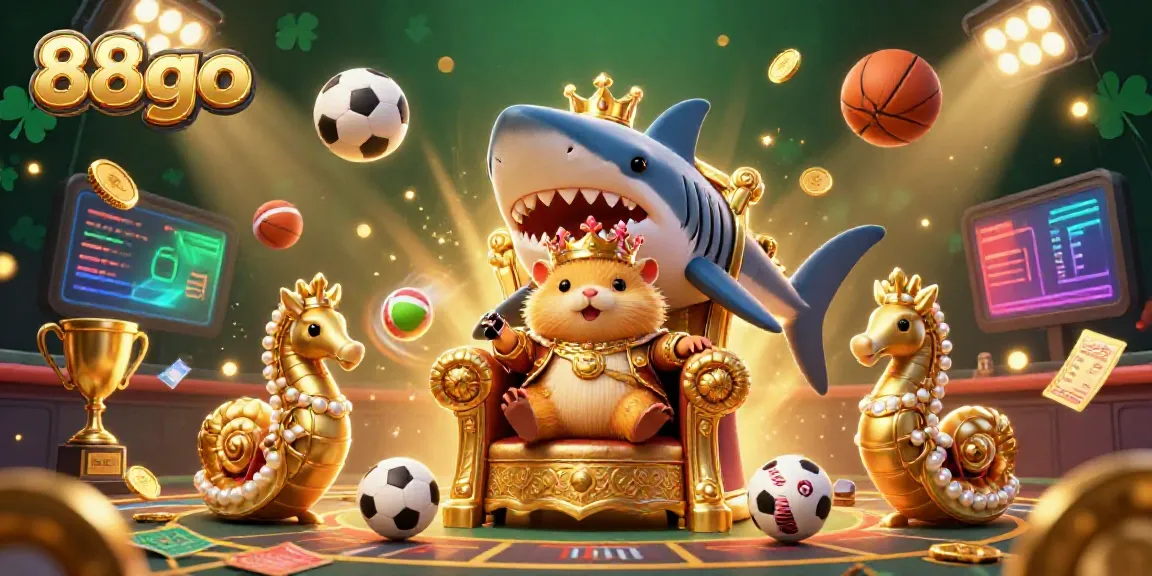 Experience the excitement of 88go at this vibrant casino scene featuring a brave hamster king on a shark throne surrounded by dynamic gaming elements.