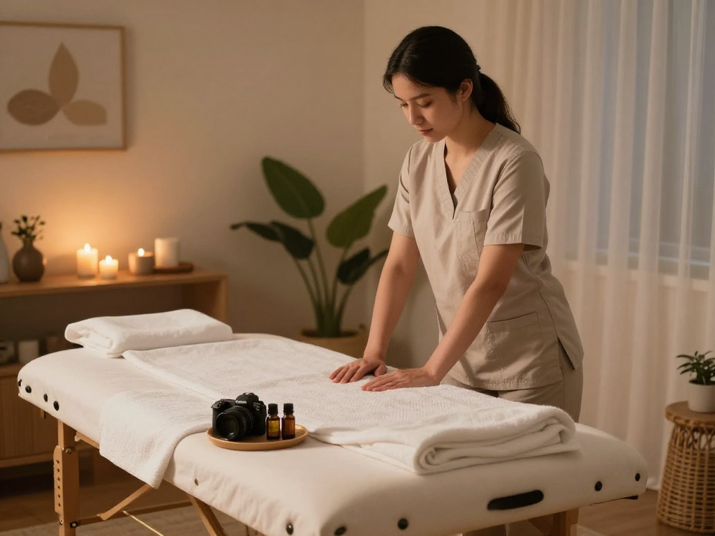 출장안마 session setup in a calming home environment with massage therapist and essentials.