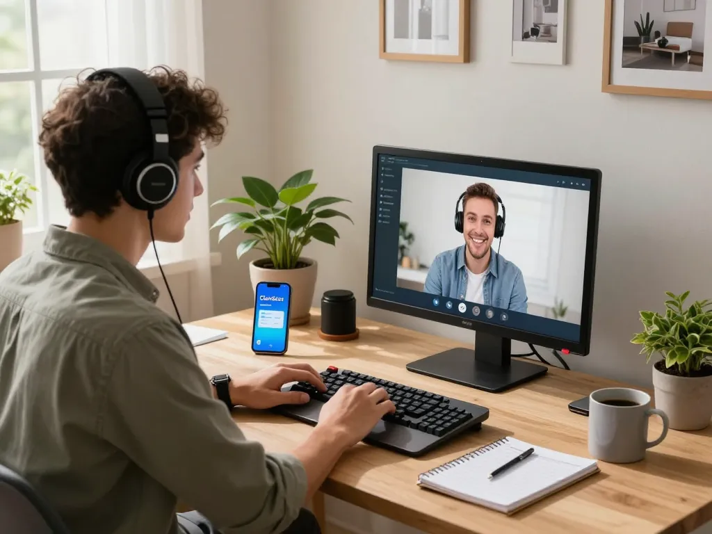 Person using Clawdbot AI during a video call in a modern home office.