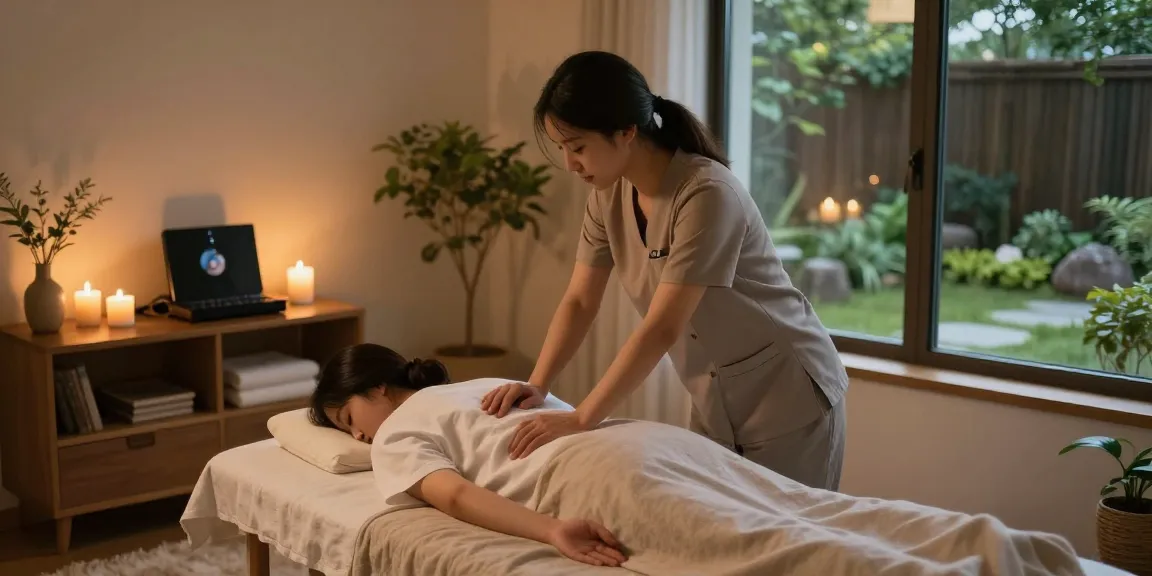 성남출장마사지 서비스 중인 전문가와 편안한 고객 모습, 아늑한 분위기에서의 마사지 환경