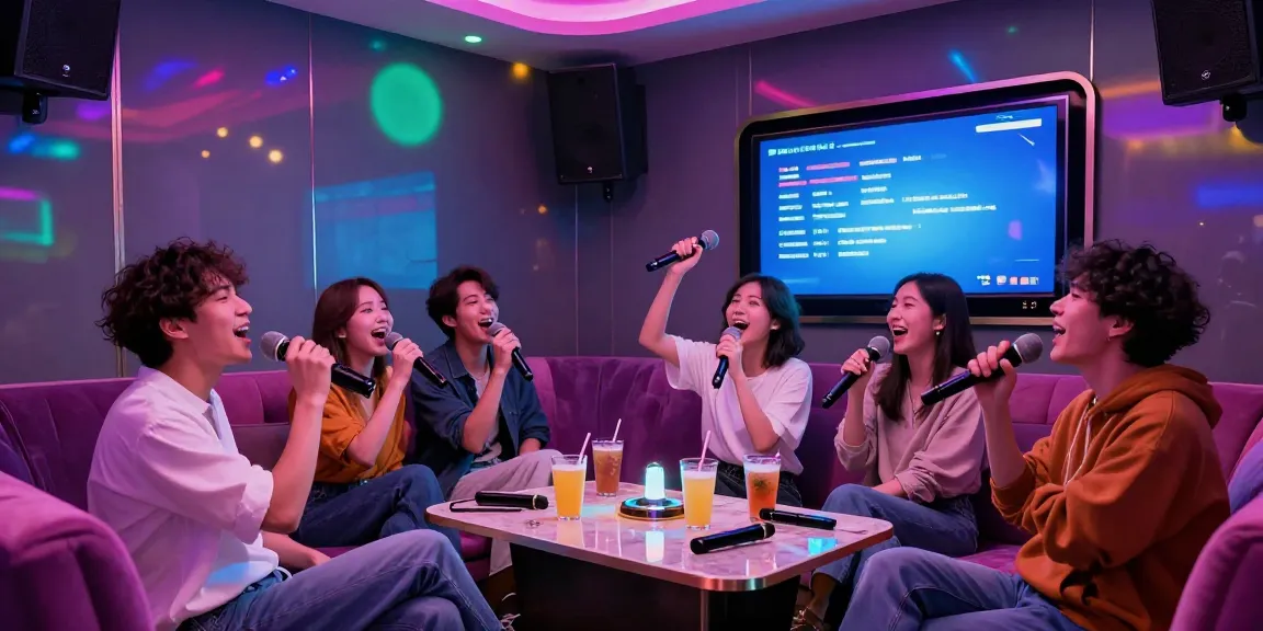 강남 달토에서 친구들과 함께 노래를 부르는 즐거운 순간, 화려한 조명과 모던한 인테리어가 돋보입니다.