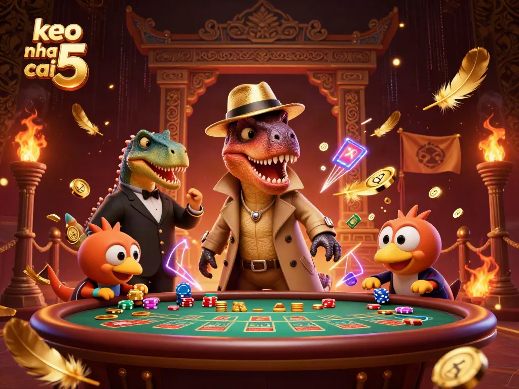 Experience thrilling moments with keo nha cai 5 at the blackjack table featuring iconic dinosaur characters.