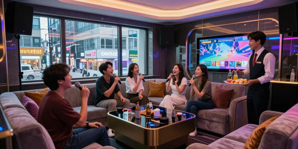 강남쩜오의 현대적이며 고급스러운 가라오케 룸에서 친구들이 즐겁게 노래하며 시간을 보내는 모습