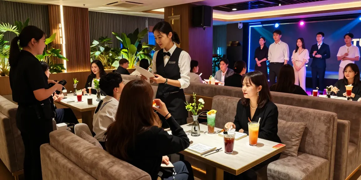 강남구구단 쩜오에서 고급 음료를 즐기는 손님들과 현대적인 인테리어가 어우러진 모습입니다.