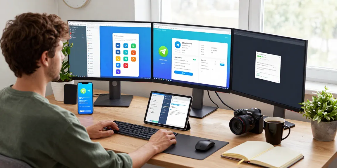Efficient workspace for Telegram Download with devices and app interface in a modern setting