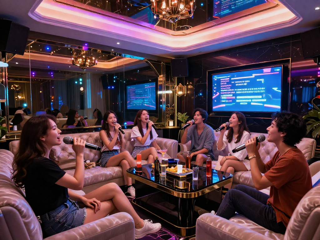 강남 가라오케 최신 시설에서 즐거운 시간을 보내는 모습, gangnam-karaoke.kr와 함께한 친구들의 특별한 밤.