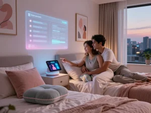 Couple using AI sex technology in a cozy, modern bedroom to enhance intimacy
