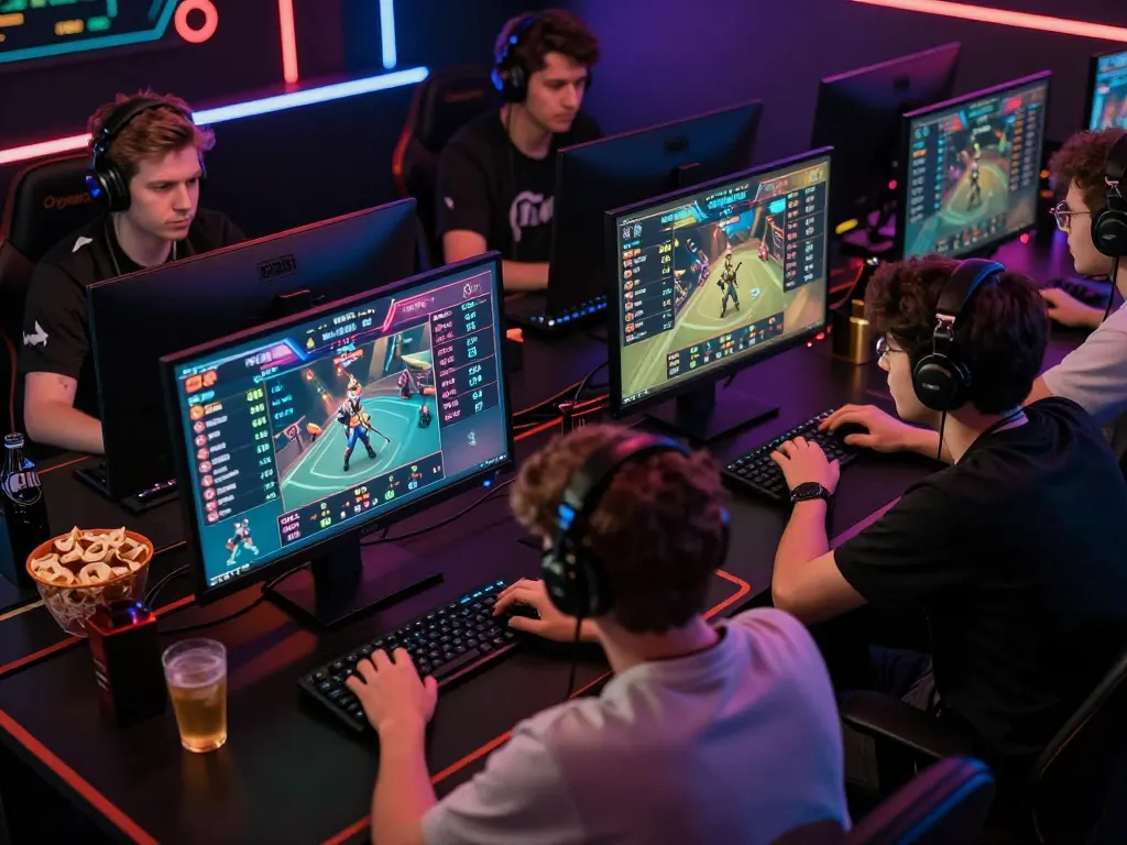Engaging friends place sports bets during an intense gaming tournament at tr88 bet, showcasing enthusiasm and strategy.