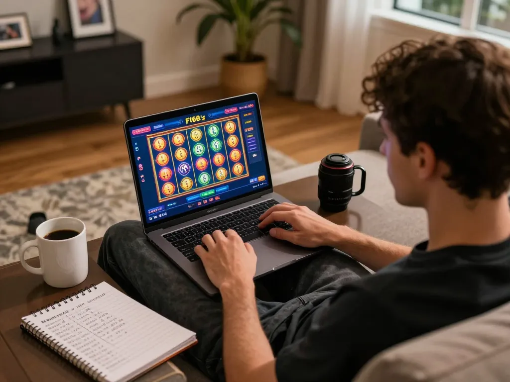 Player engaging with F168's online slots on a cozy couch in a warm-lit home setting.