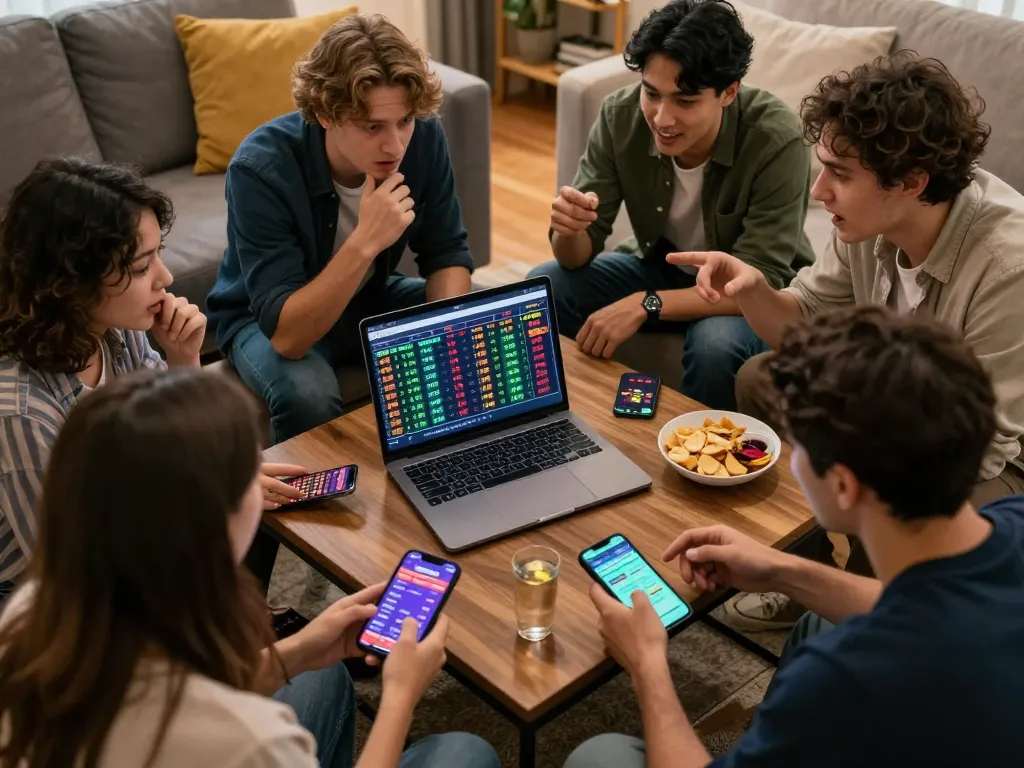 Sports betting enthusiasts analyze kèo nhà cái 5 on laptop and smartphones, creating an engaging atmosphere.