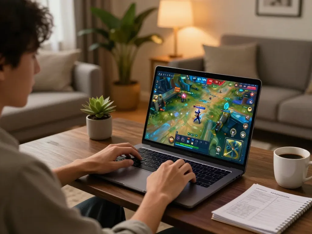 Engaging gameplay in top game bài đổi thưởng on a laptop in a cozy home setup.